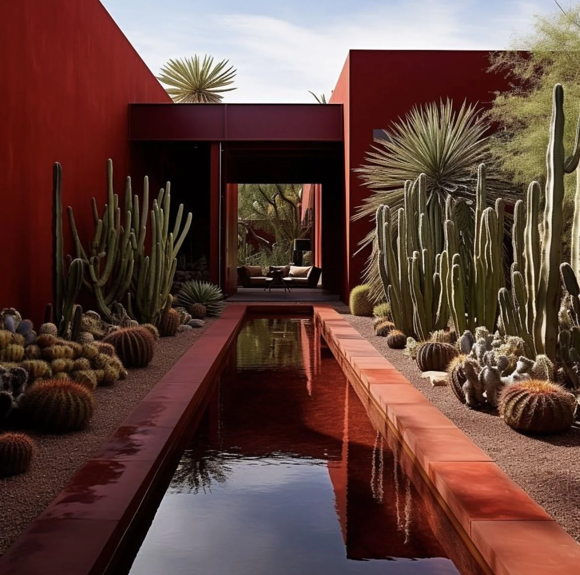 Red-walled courtyard with a long reflecting pool flanked by barrel and columnar cacti